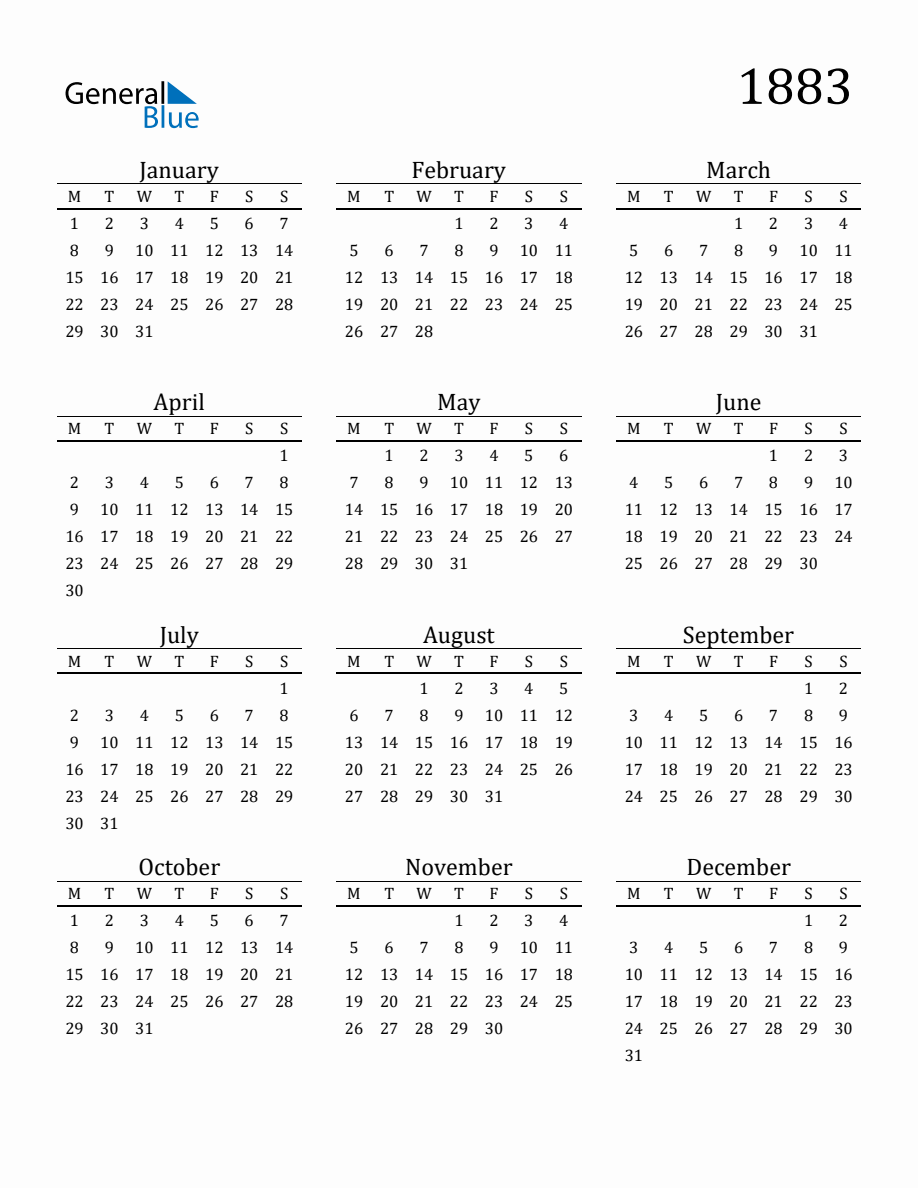 Year 1883 Free Printable 12-Month Calendar