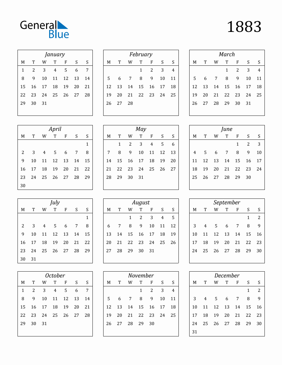 1883 Blank Yearly Calendar Printable