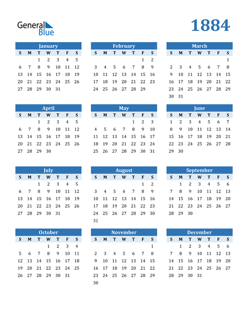 1884 Calendar (PDF, Word, Excel)