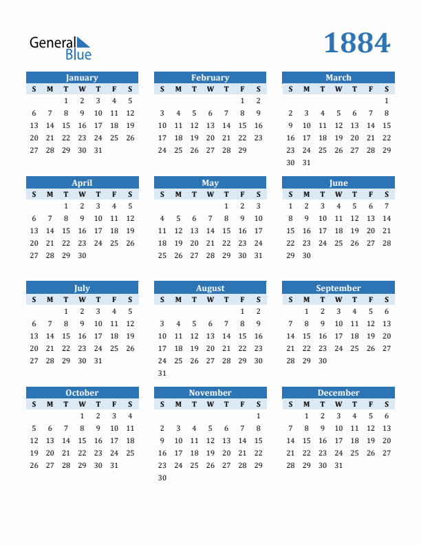 1884 Year Calendar with Sunday Start