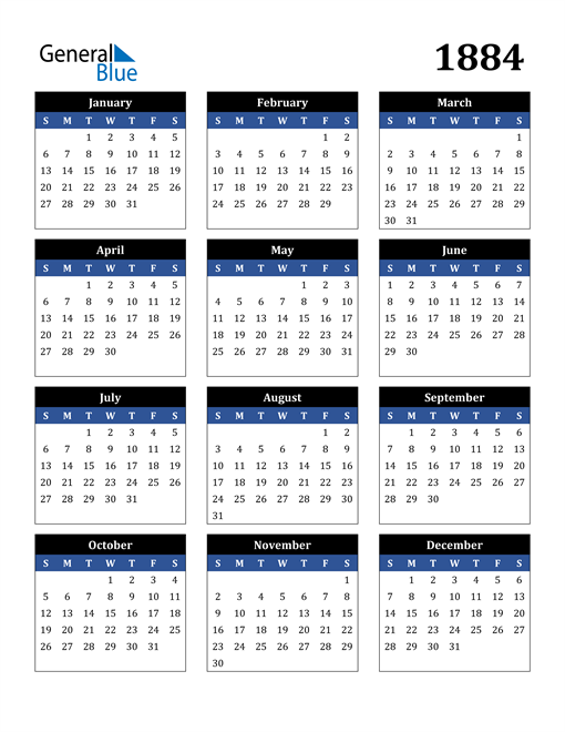 1884 Calendar (PDF, Word, Excel)