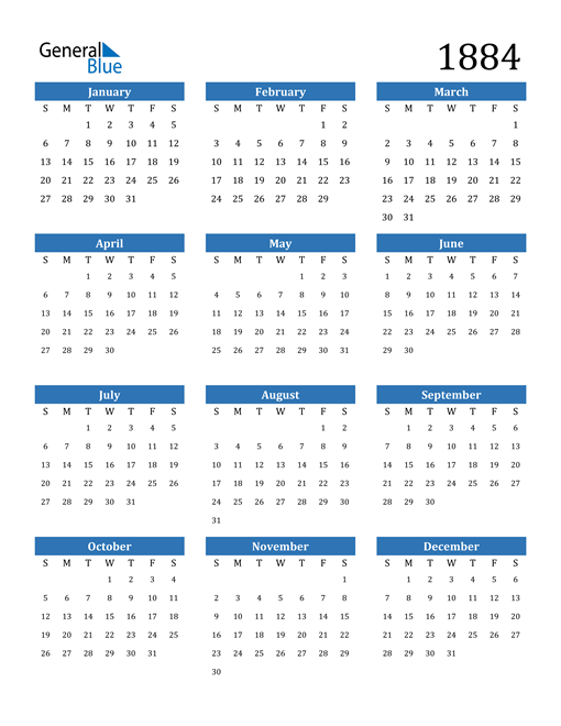 1884 Calendar (PDF, Word, Excel)