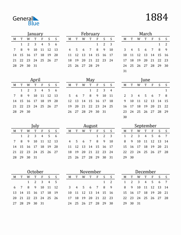 Free Printable Calendar 1884 with Monday Start