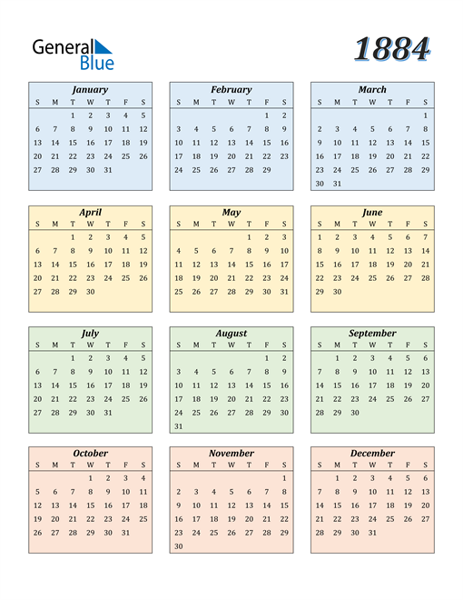 1884 Calendar (PDF, Word, Excel)