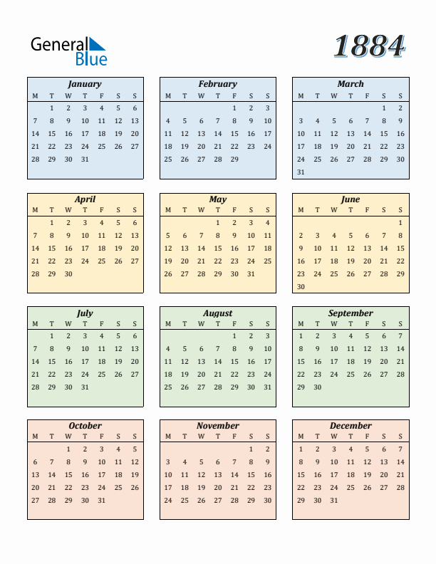 Calendar for 1884 (Monday Start)