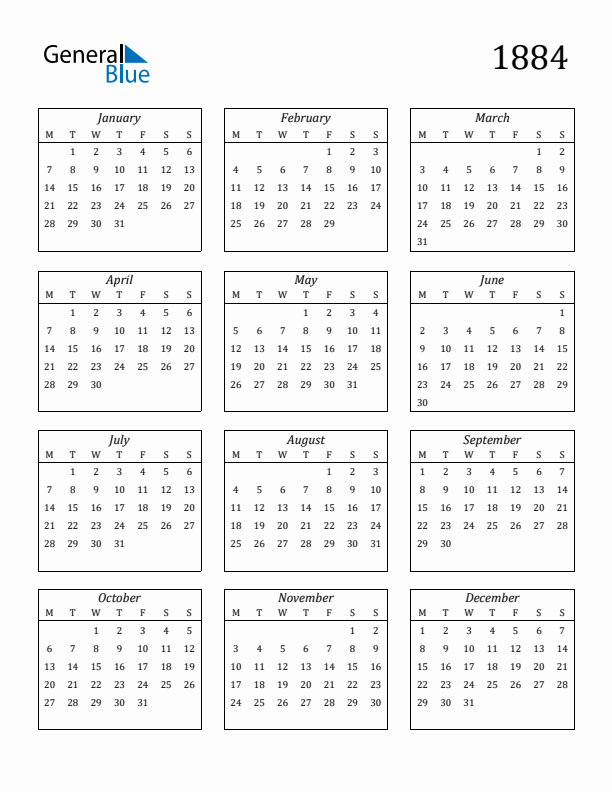 1884 Yearly Calendar Templates with Monday Start