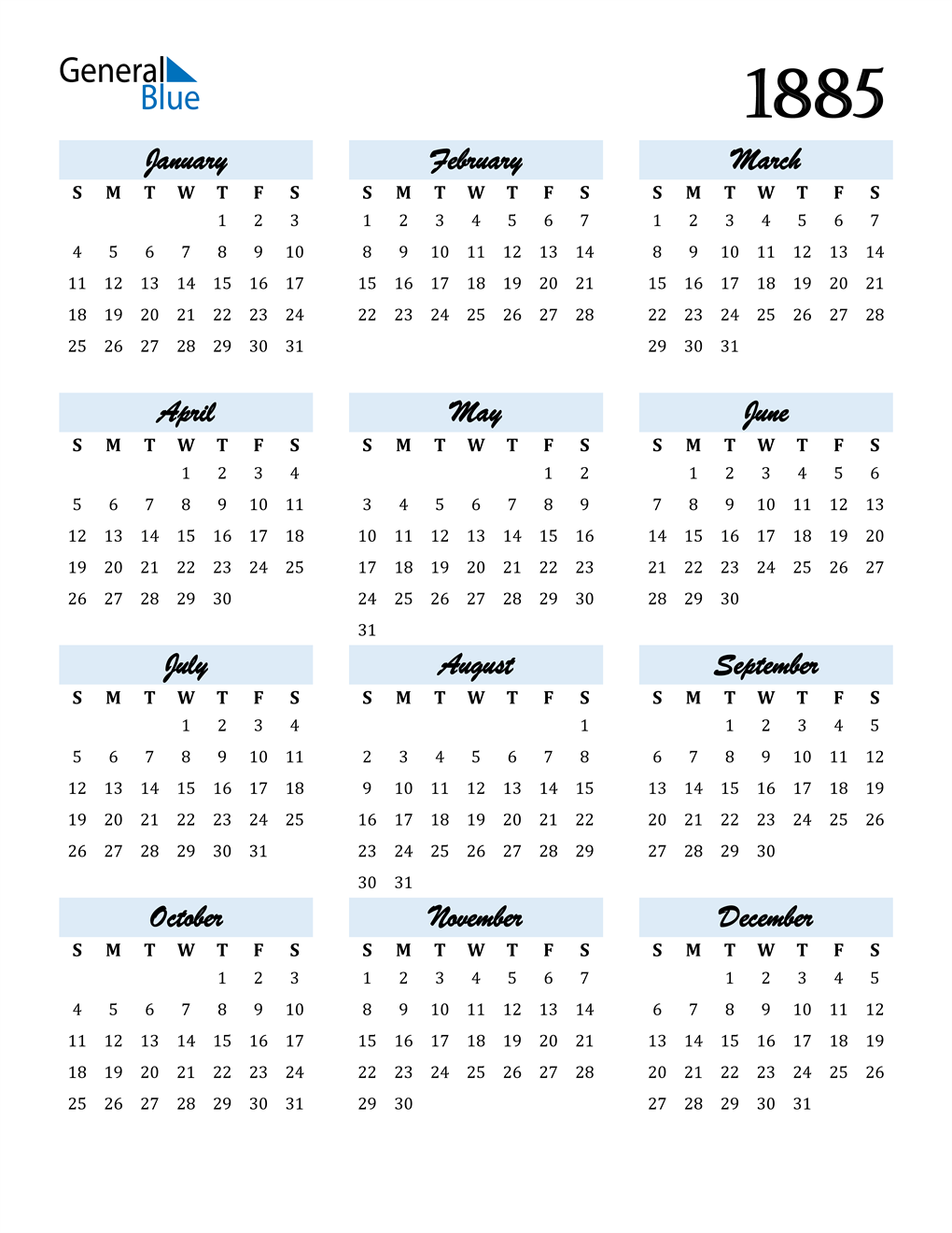 1885 Calendar (PDF, Word, Excel)