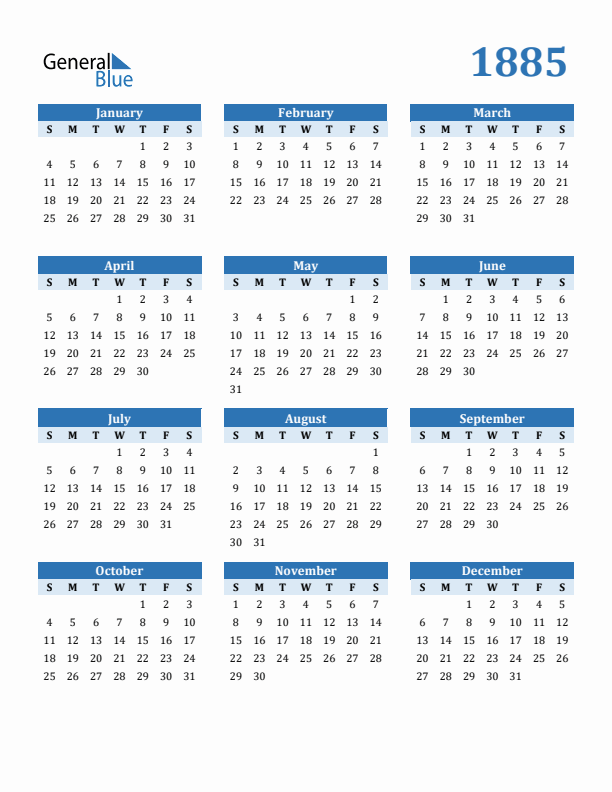 1885 Year Calendar with Sunday Start