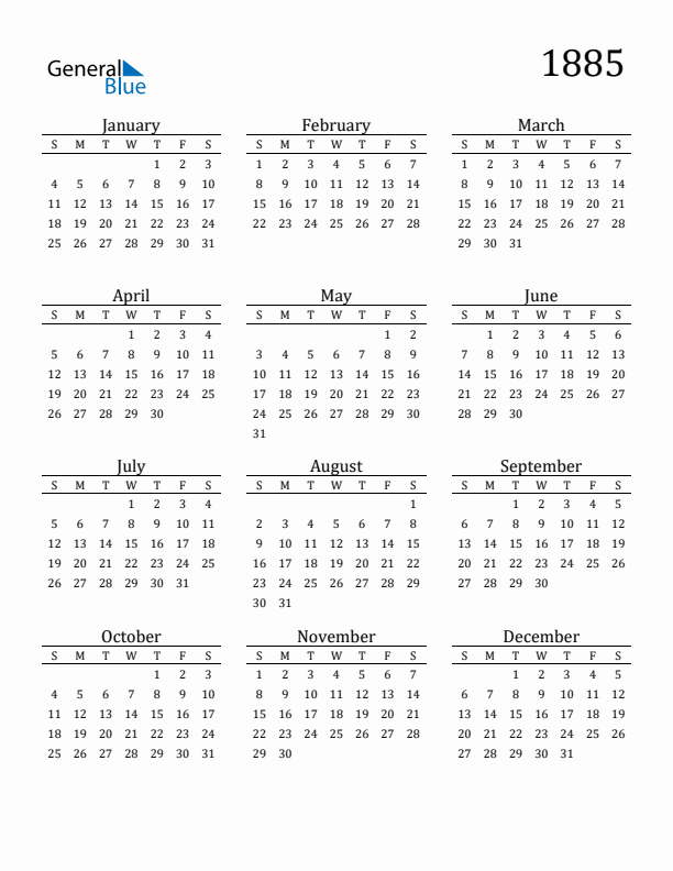 Free Printable Calendar 1885 with Sunday Start