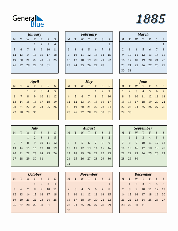 1885 Yearly Calendar Templates with Monday Start