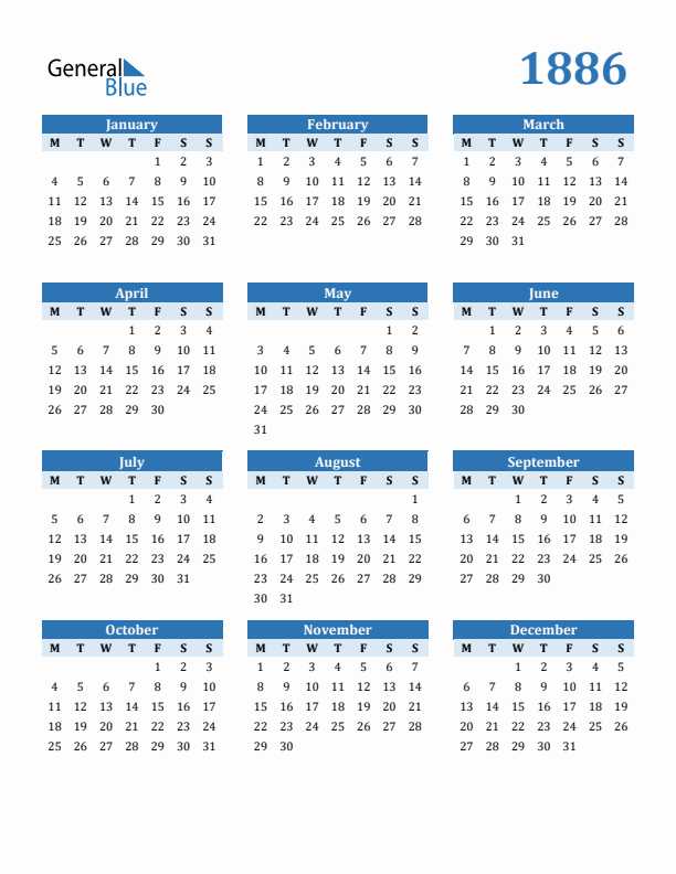 1886 Year Calendar with Monday Start