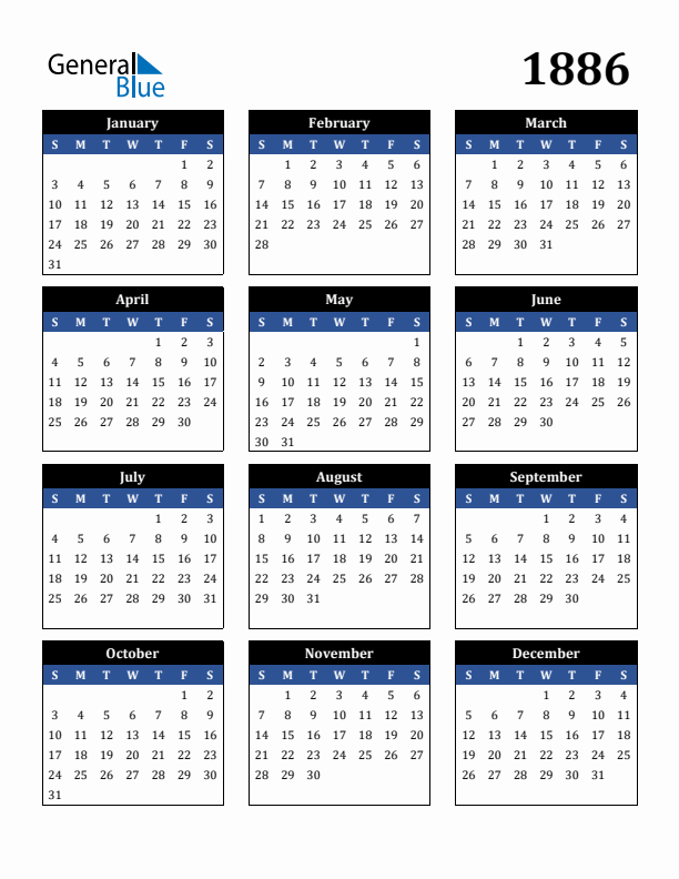 Editable Calendar 1886 - Sunday Start