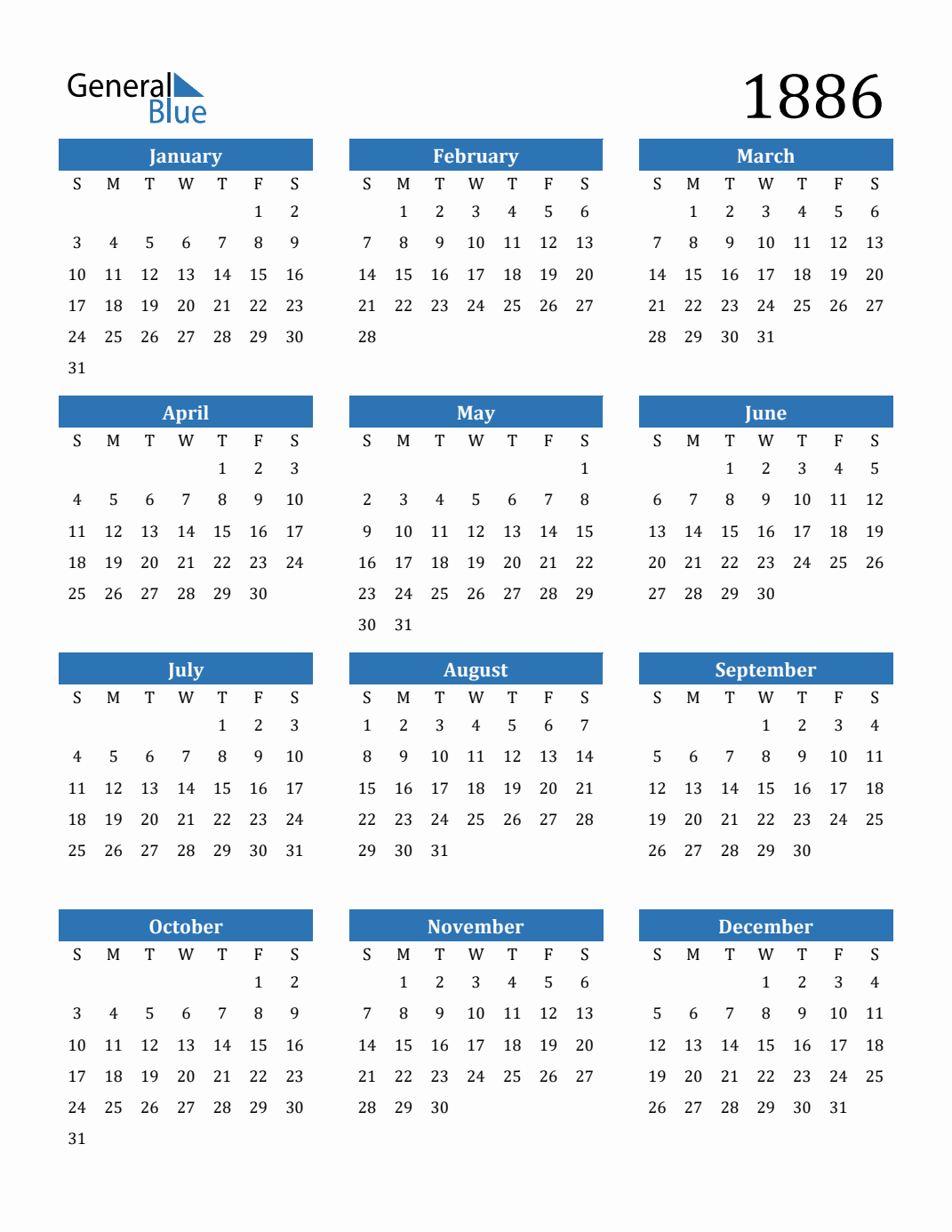 Free 1886 Calendars In PDF, Word, Excel