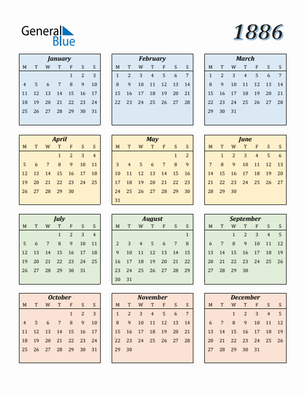 Calendar for 1886 (Monday Start)