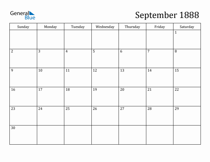 September 1888 Monthly Calendar (PDF, Word, Excel)
