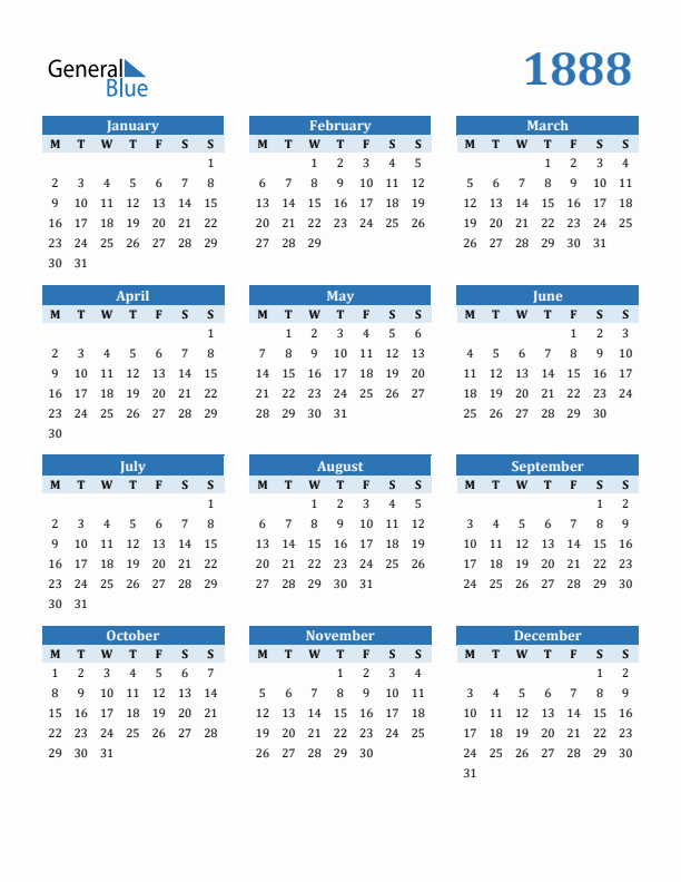 1888 Year Calendar with Monday Start