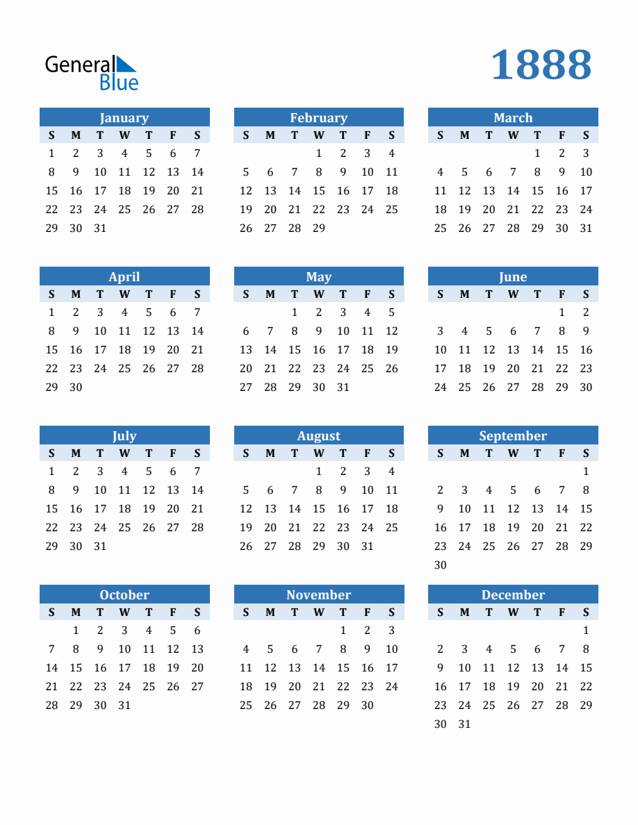 Free 1888 Year Calendar in PDF, Word, and Excel