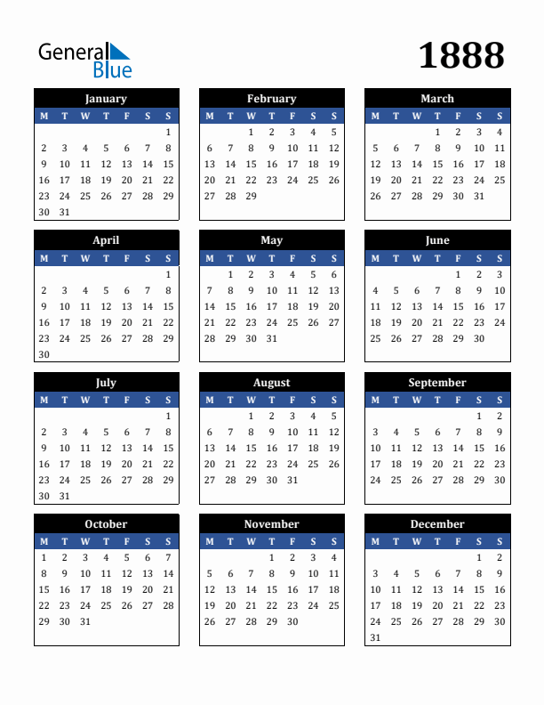 Editable Calendar 1888 - Monday Start