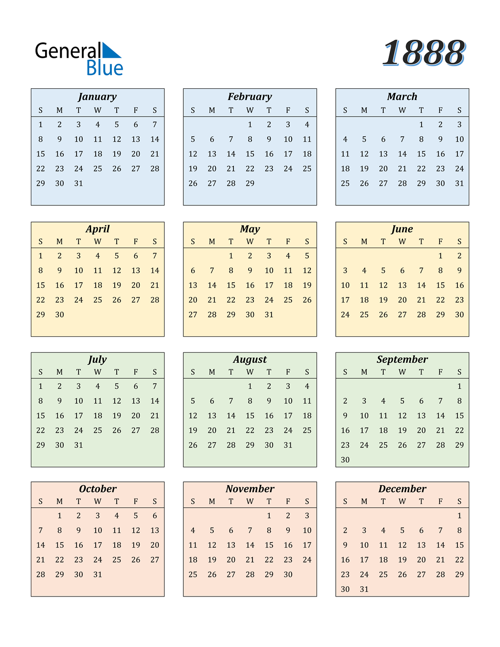 1888 Calendar (PDF, Word, Excel)