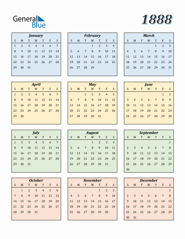 Calendar for 1888 (Sunday Start)