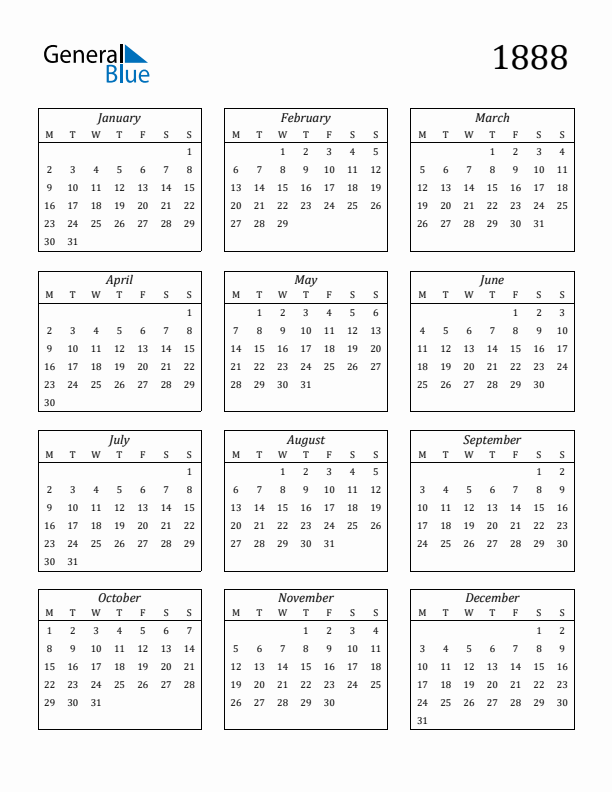 Blank Calendar 1888