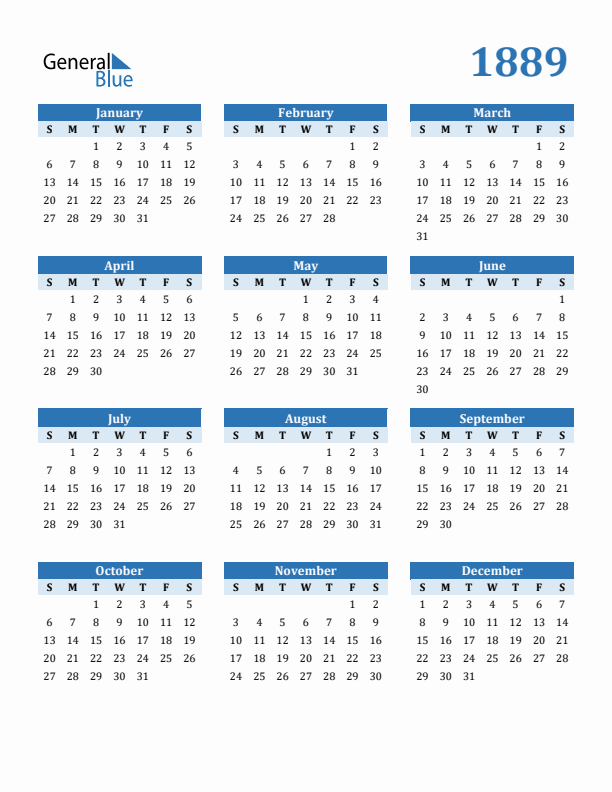 1889 Year Calendar with Sunday Start