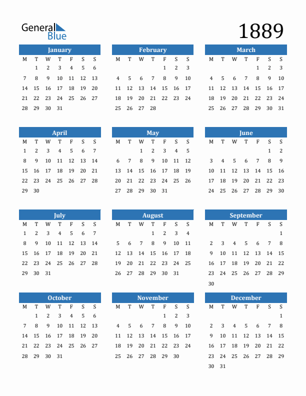 1889 Calendar