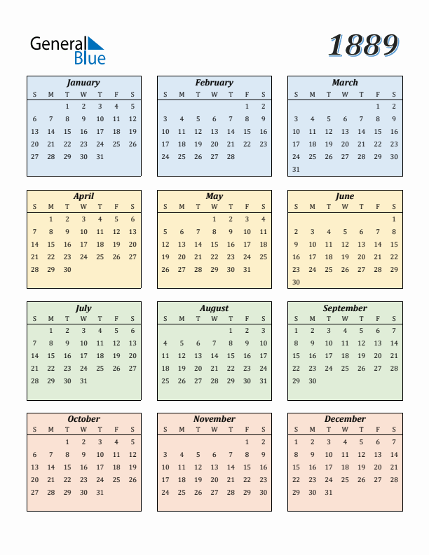 Calendar for 1889 (Sunday Start)