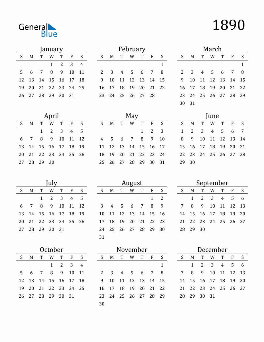 Year 1890 Free Printable 12-Month Calendar