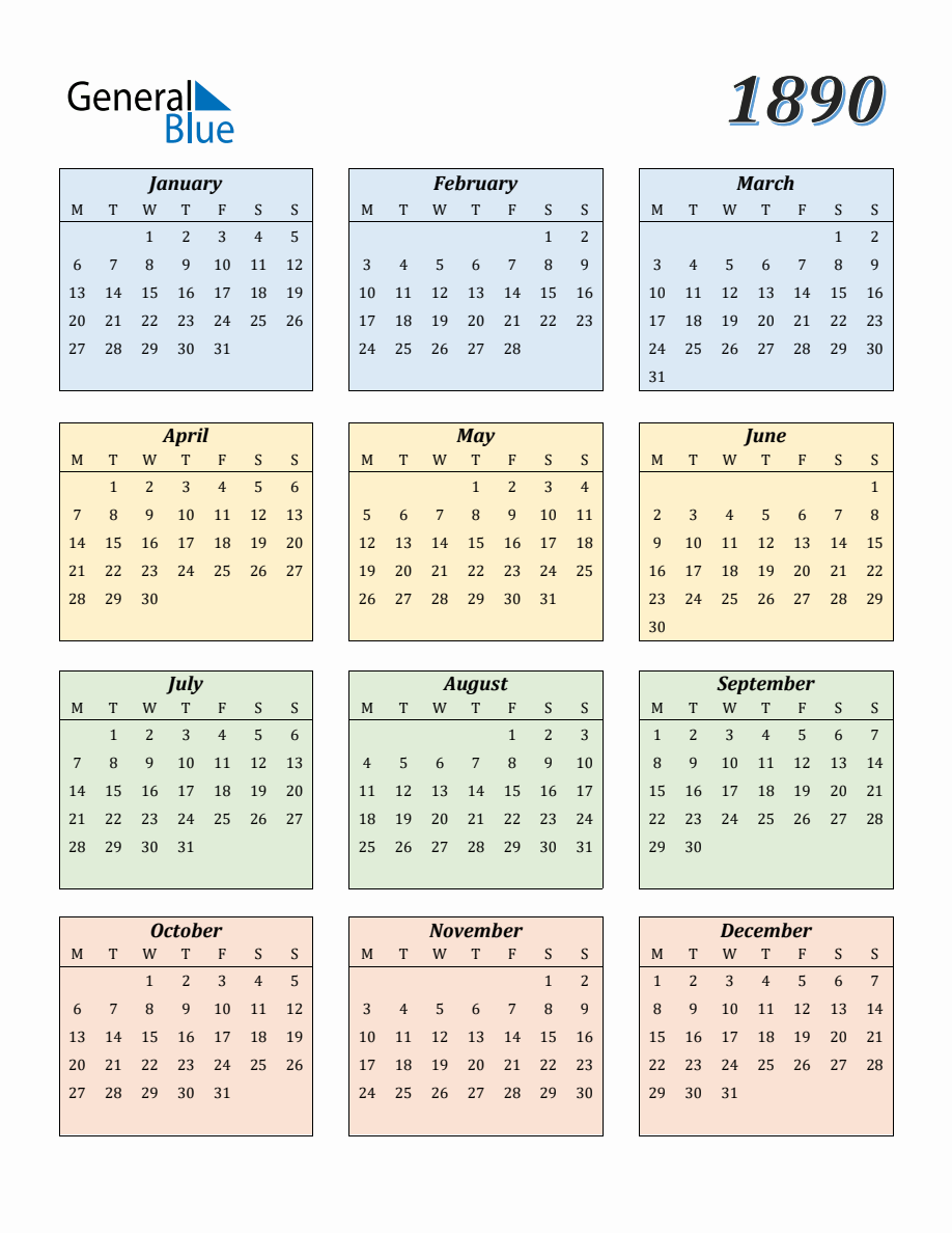 Calendar for Year 1890