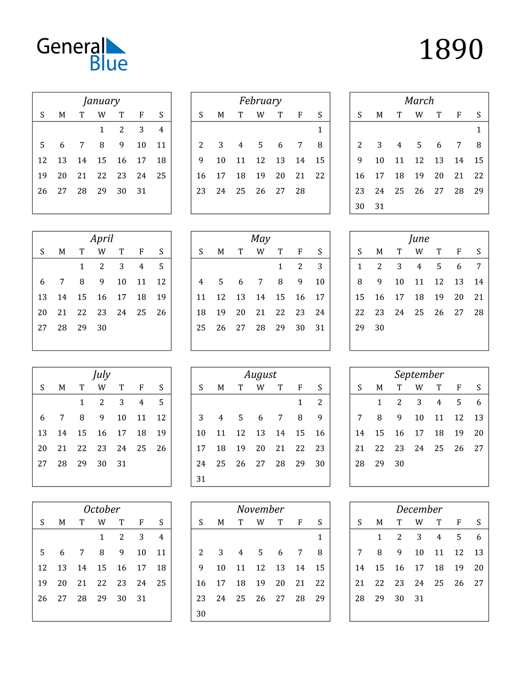 1890 Calendar (PDF, Word, Excel)