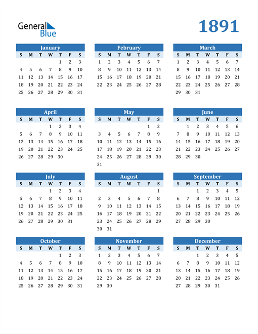 1891 Calendar (PDF, Word, Excel)