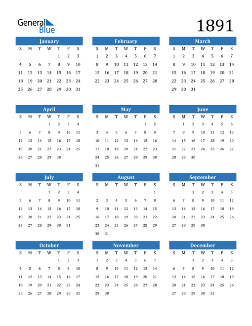 1891 Calendar (PDF, Word, Excel)