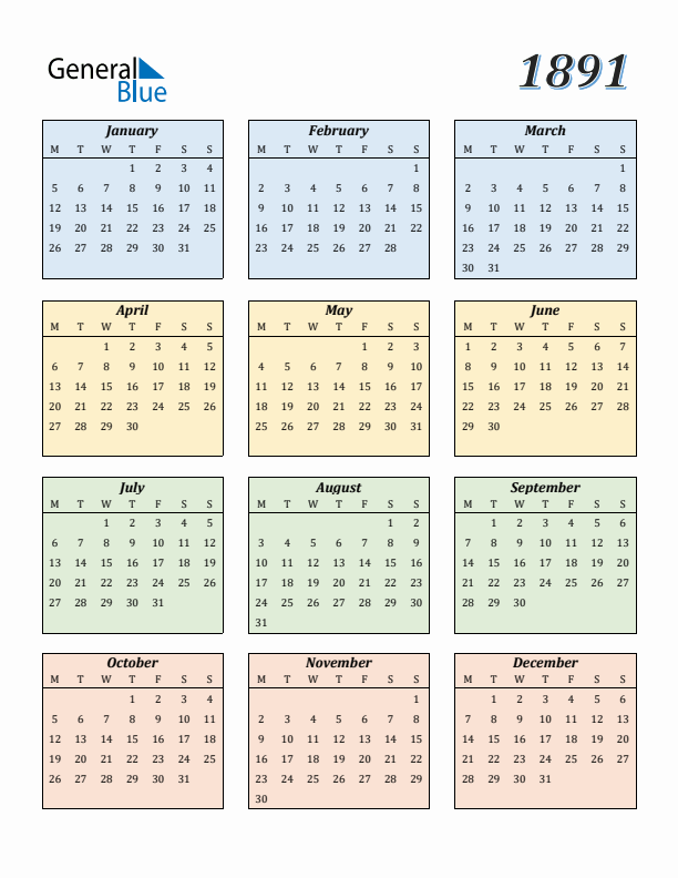 Calendar for 1891 (Monday Start)