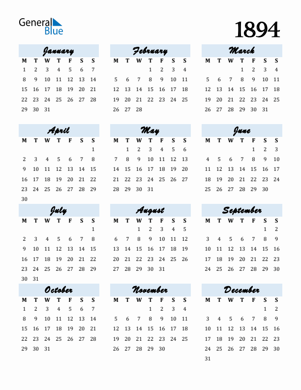Calendar 1894 Free Download and Print