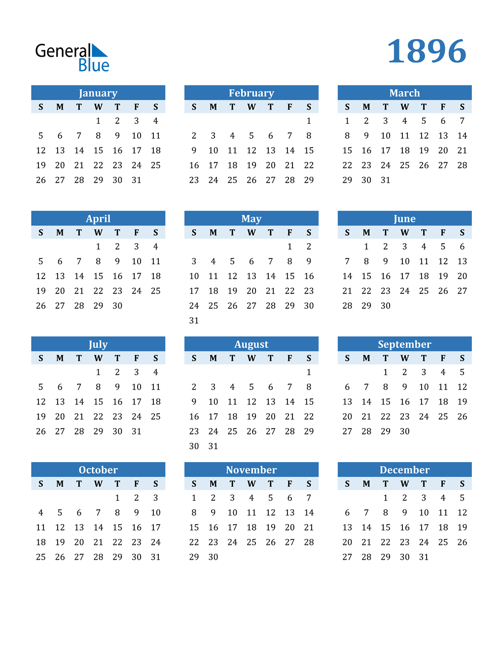 1896 Calendar (PDF, Word, Excel)