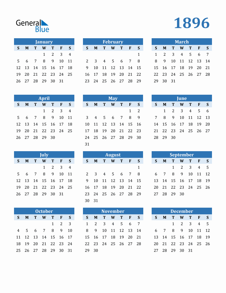 Free 1896 Year Calendar in PDF, Word, and Excel