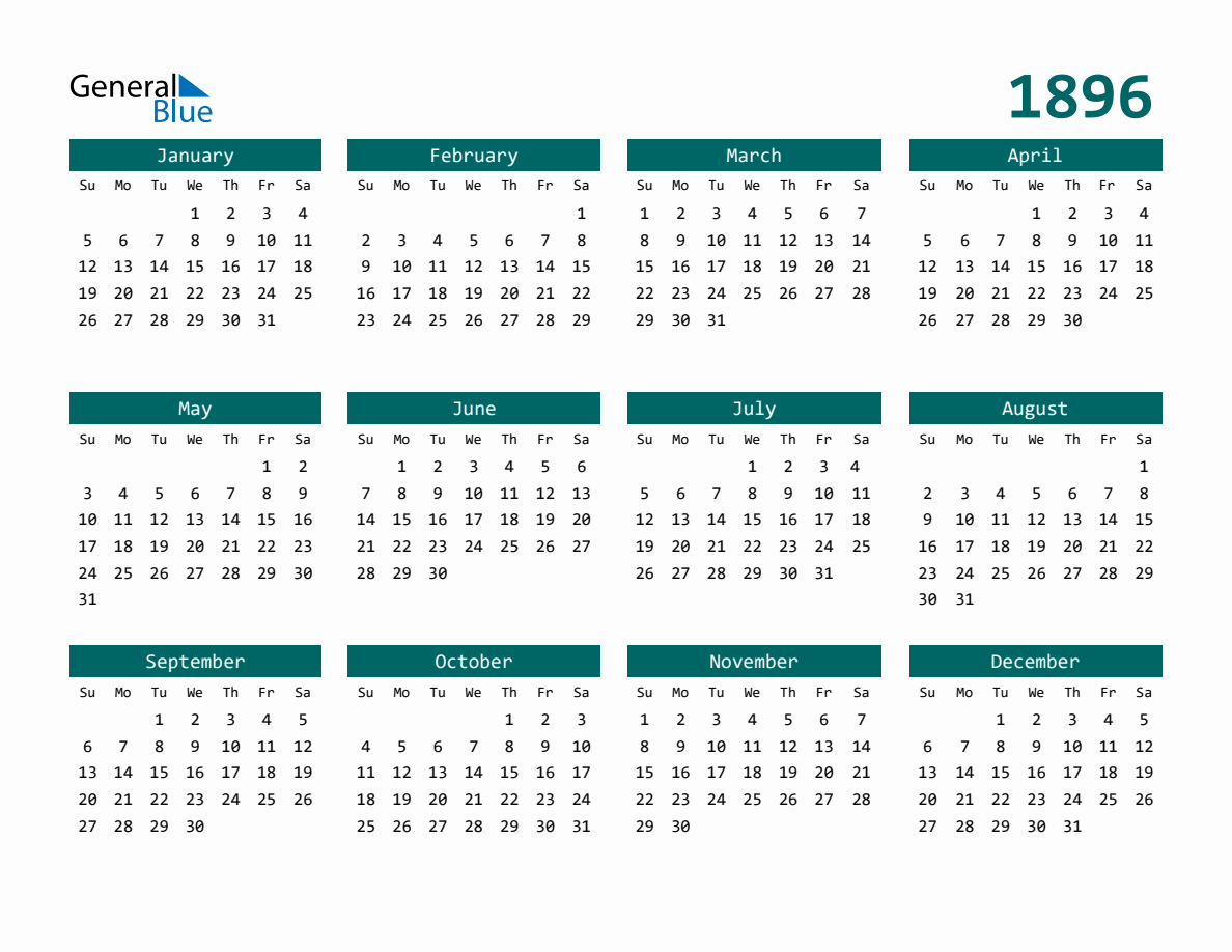 1896 Full-Year Calendar