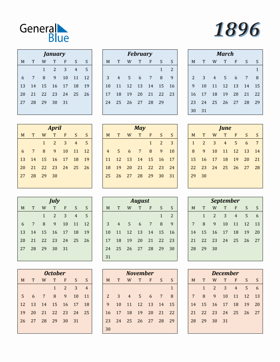 Calendar for Year 1896