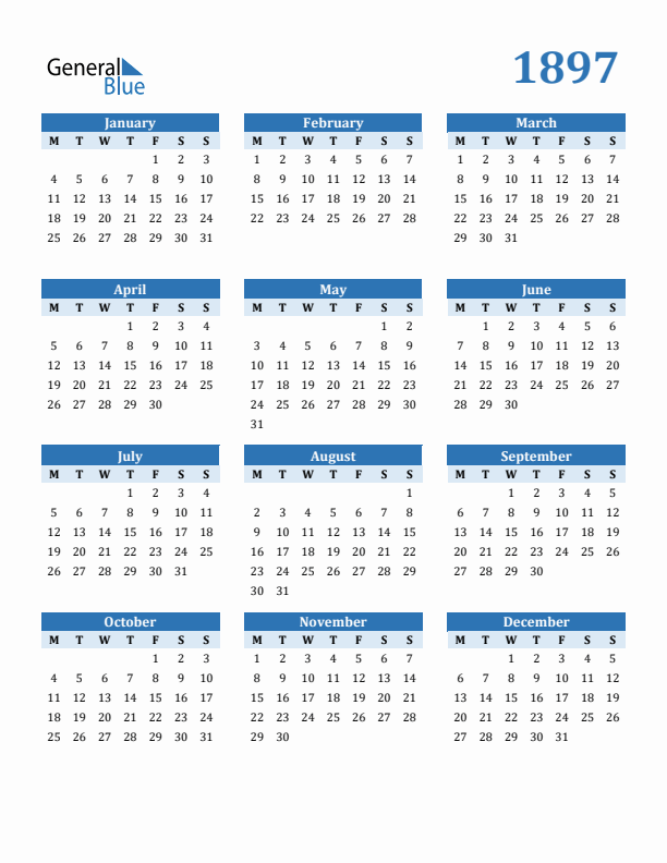 1897 Year Calendar with Monday Start