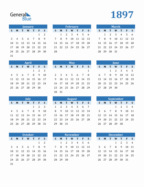 1897 Year Calendar with Sunday Start