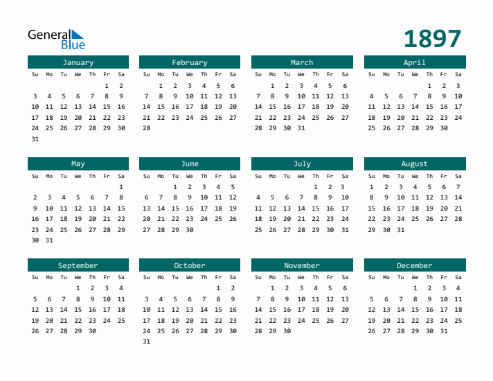 Downloadable 1897 Calendar