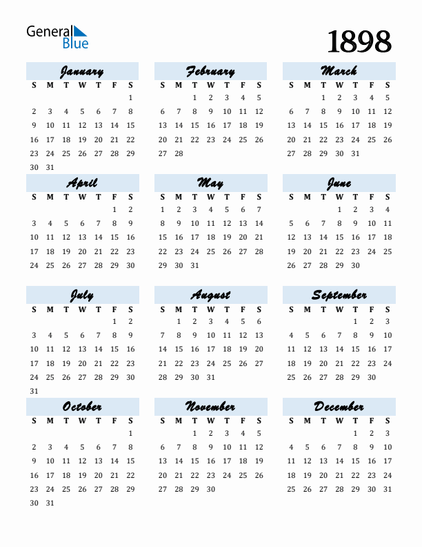 Calendar 1898 Free Download and Print