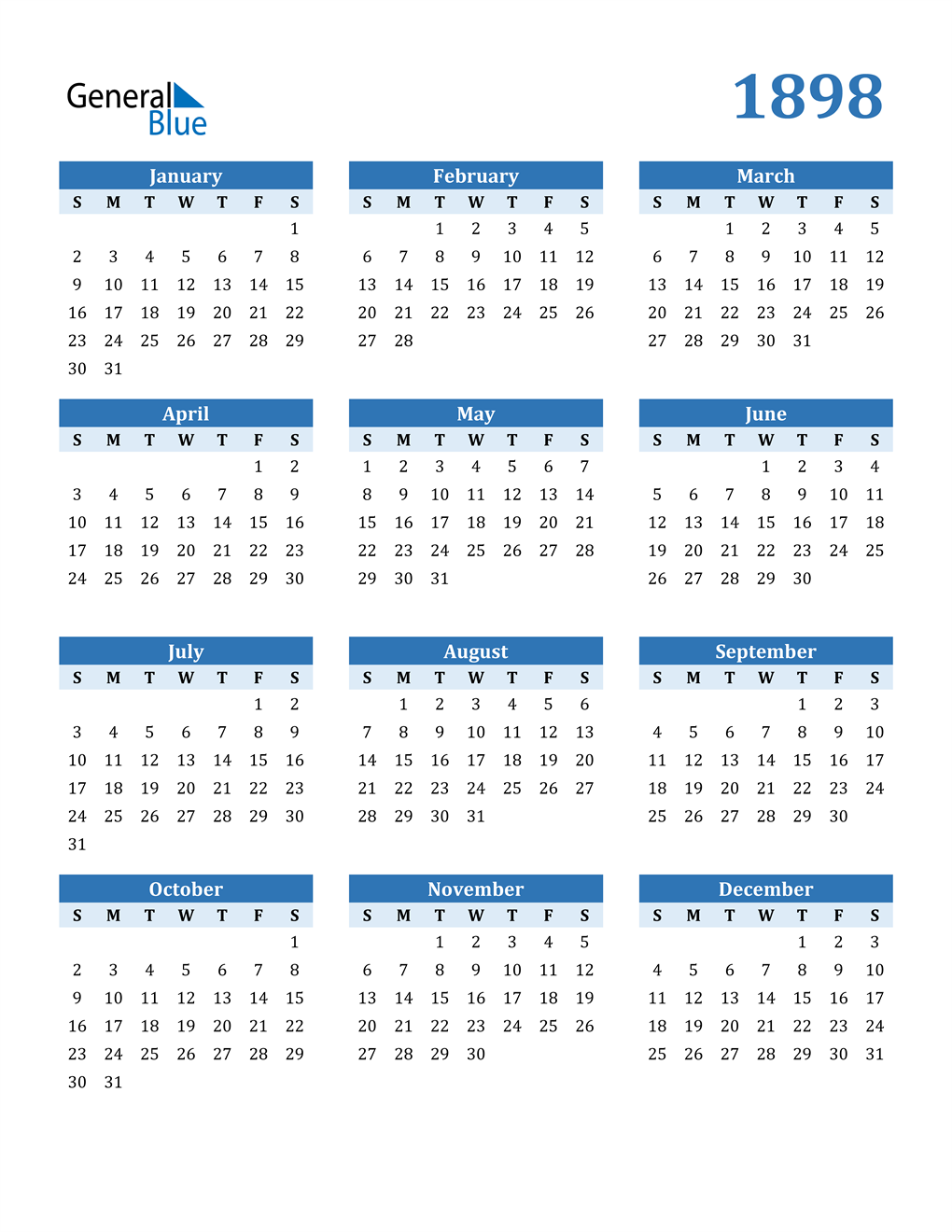 1898 Calendar (PDF, Word, Excel)