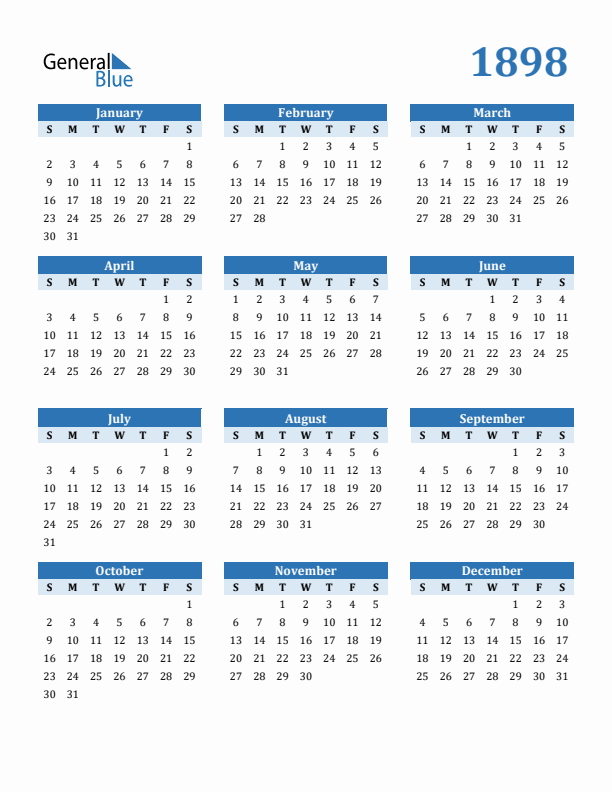 1898 Year Calendar with Sunday Start