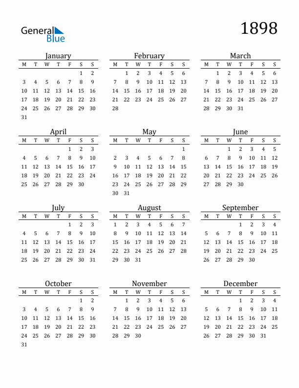 Free Printable Calendar 1898 with Monday Start