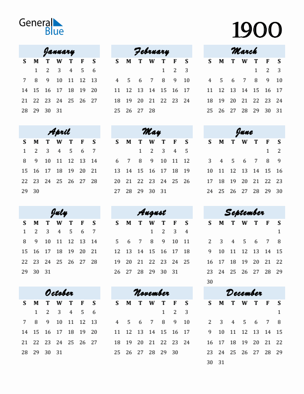 Calendar 1900 Free Download and Print