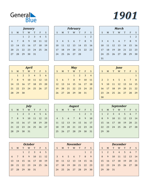 1901 Calendar (PDF, Word, Excel)