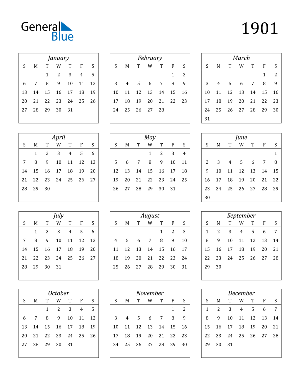 1901 Calendar Pdf Word Excel