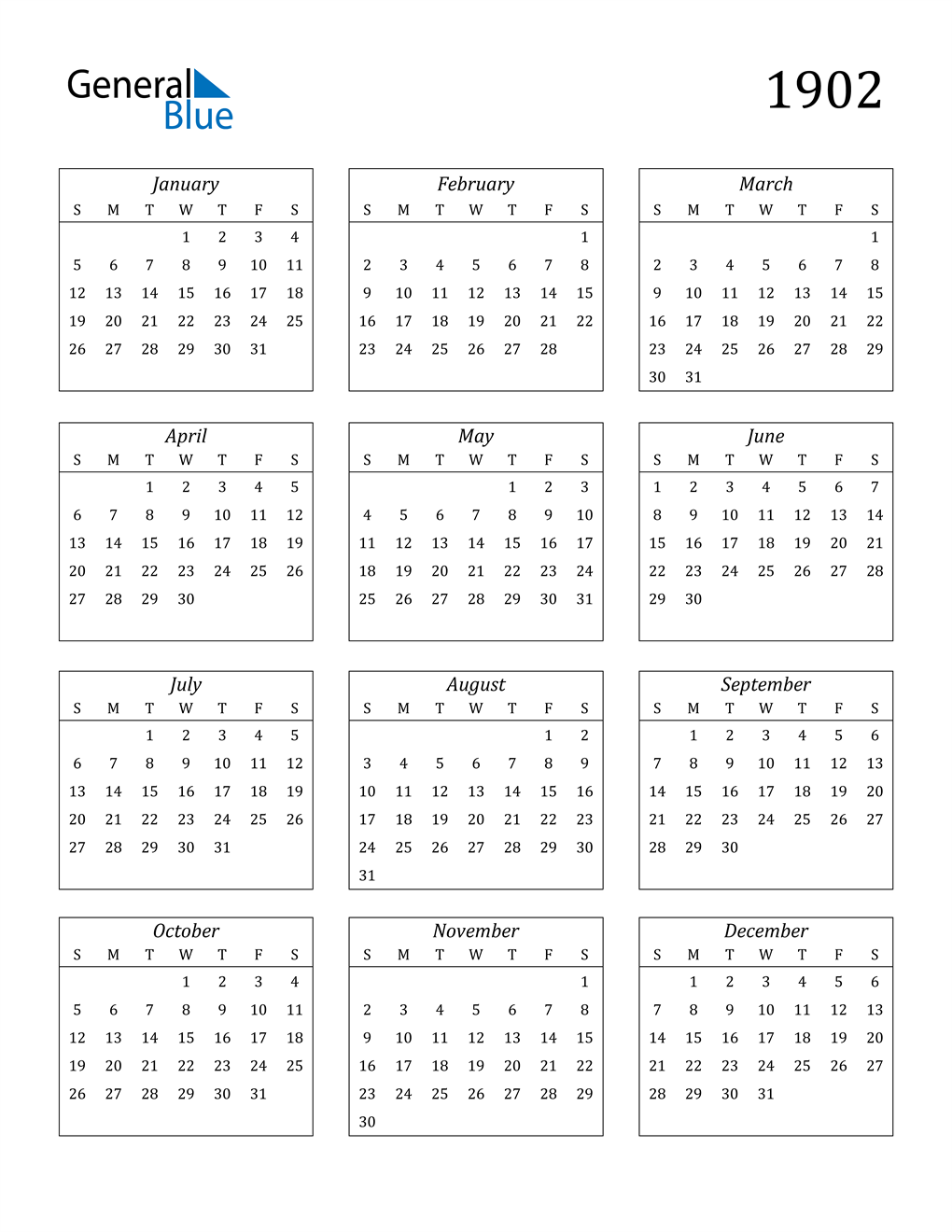 1902 Calendar (PDF, Word, Excel)